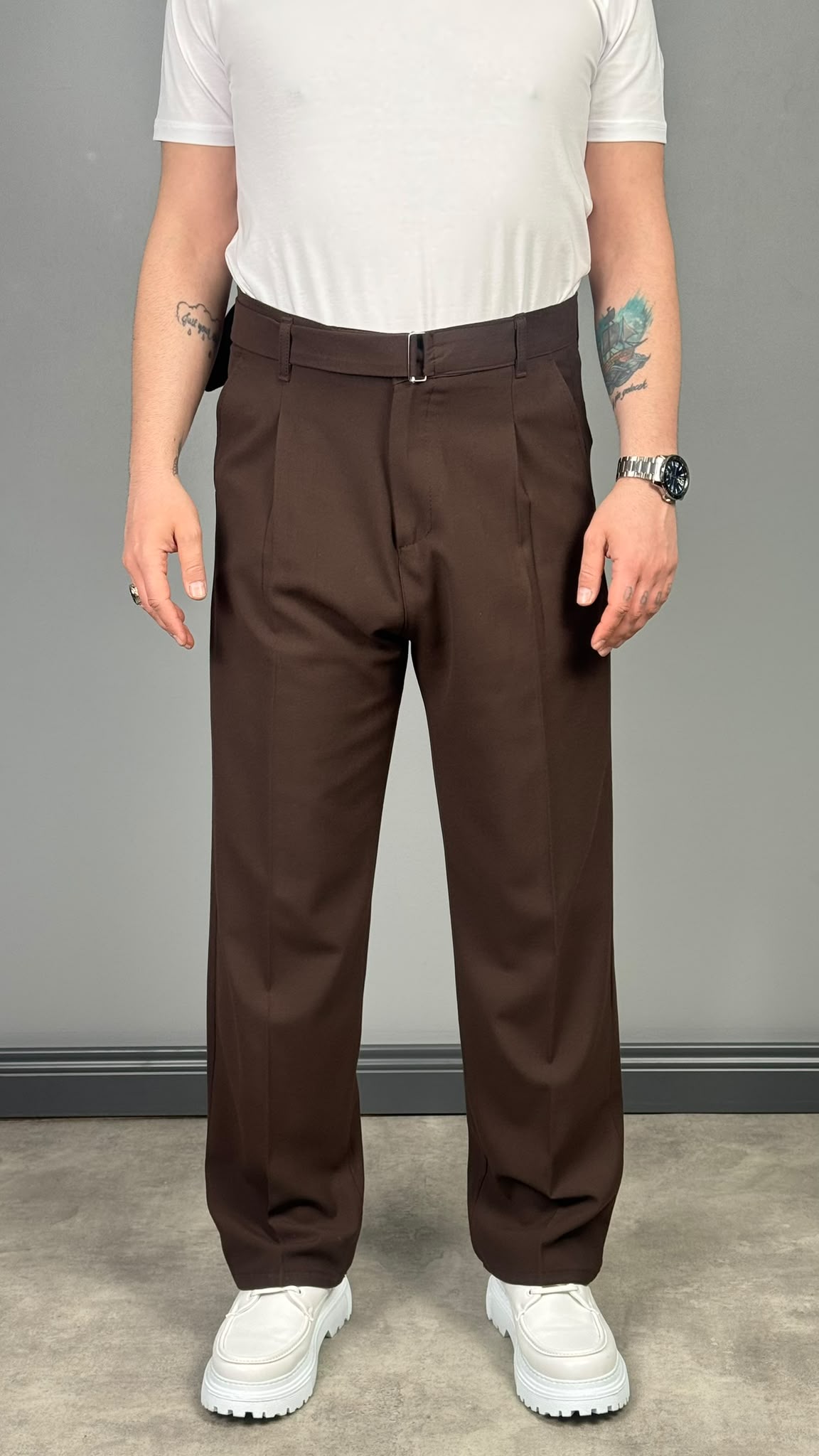 KENDİNDEN KEMERLİ BAGGY KESİM KUMAŞ PANTOLON ACI KAHVE