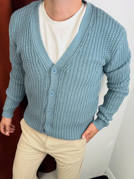 DÜĞMELİ ÖRME HIRKA MAVİ