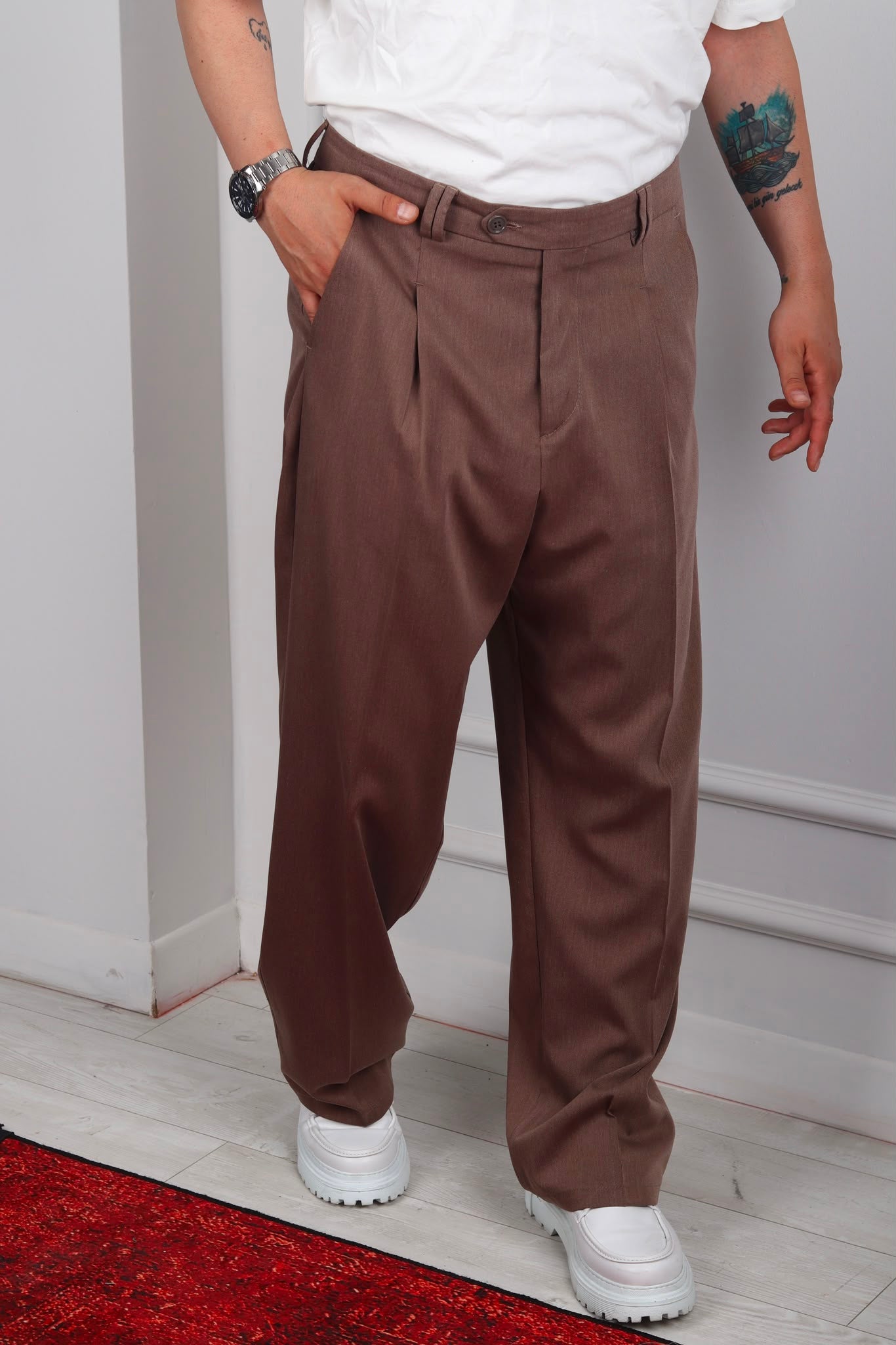 KORE MODEL PİLELİ BAGGY PANTOLON ACI KAHVE