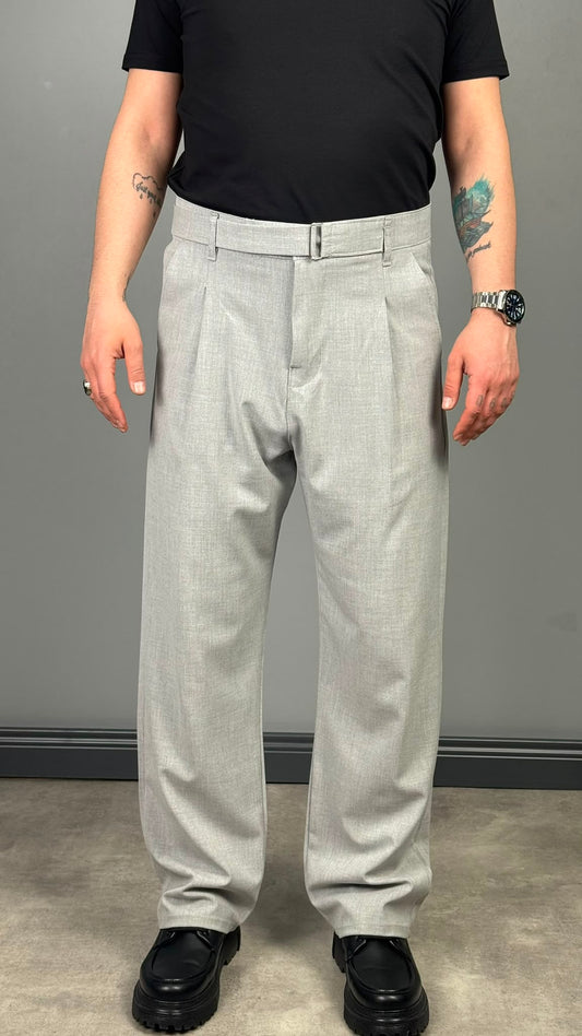 KENDİNDEN KEMERLİ BAGGY KESİM KUMAŞ PANTOLON GRİ