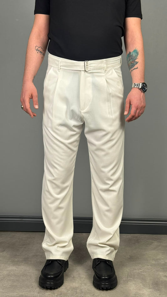 KENDİNDEN KEMERLİ BAGGY KESİM KUMAŞ PANTOLON KREM