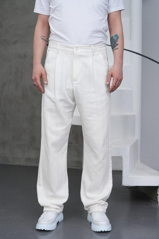 SİYES ÖRGÜ KETEN BAGGY PANTOLON BEYAZ